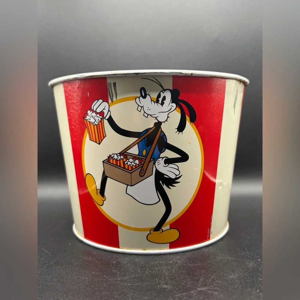 Vintage Disney Goofy Striped Metal Popcorn Bucket, Disney Collectibles